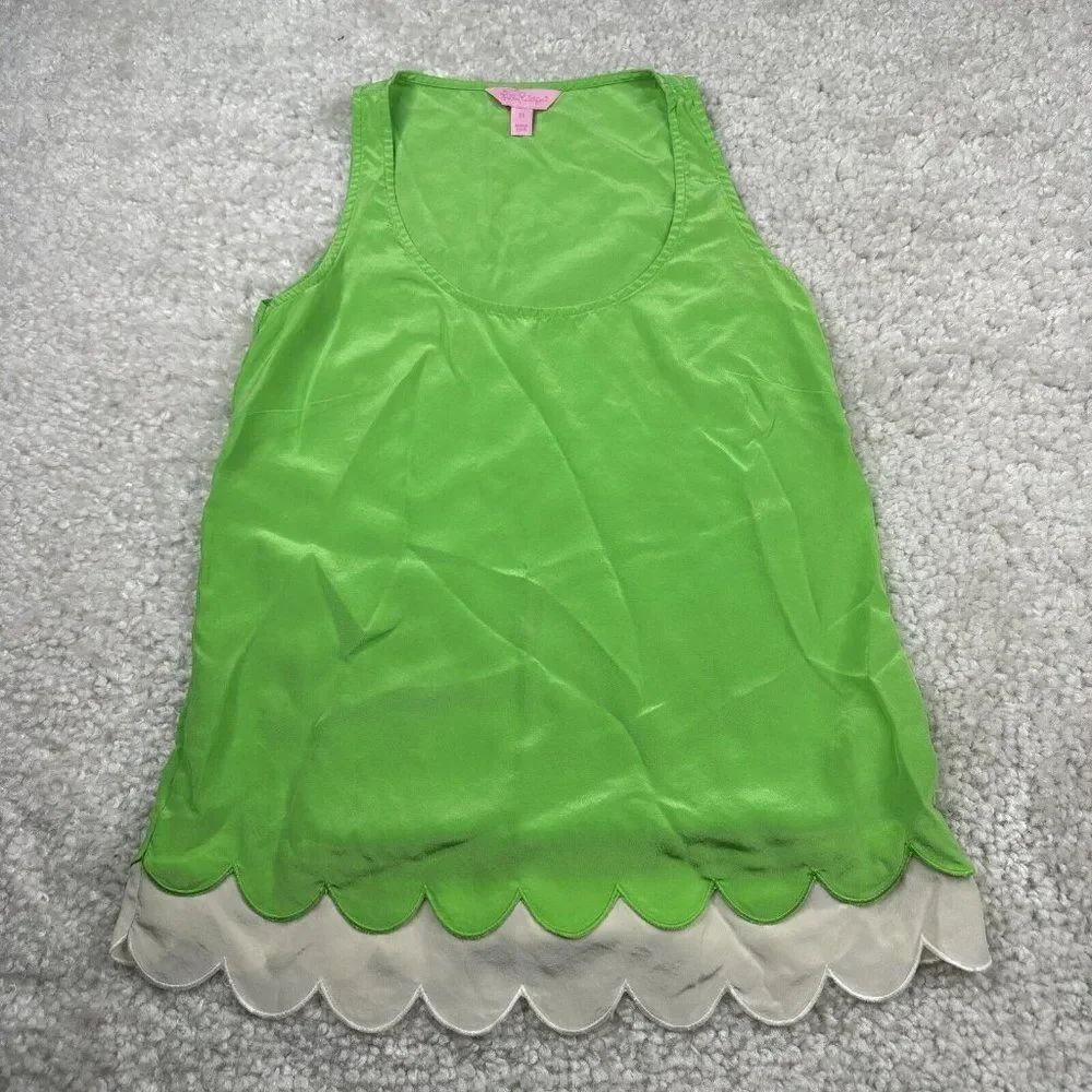 Lilly Pulitzer Carlina Silk Scalloped Hem Tank Neon Green